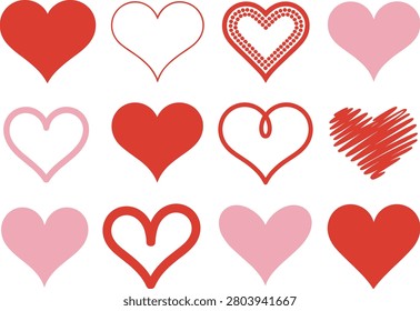 Twelve varied heart shapes in red and pink colors including solid filled outlines dotted patterns and scribbled textures arranged in a grid on a white background