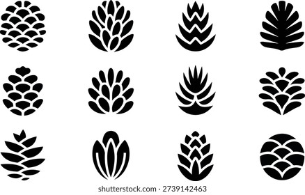 Twelve various black solid icons of pinecones and hop flowers are symmetrically organized in rows on a stark white surface.