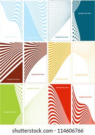twelve various business cards designs with lines and waves isolated on white background with place for your text