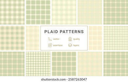 Twelve versatile pastel green and cream plaid patterns.  Perfect for textile design, website backgrounds, or scrapbooking. Seamless vector files, highquality and easily layered.