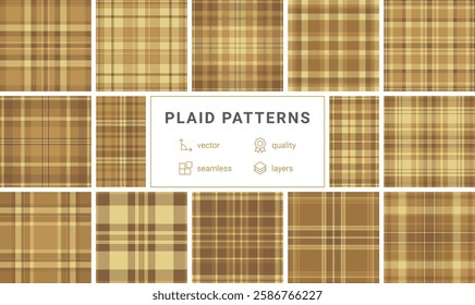 Twelve versatile plaid patterns in warm earthy tones.  Perfect for autumnal designs, apparel, or website backgrounds. Highquality vector seamless repeats, easily layered for diverse applications.