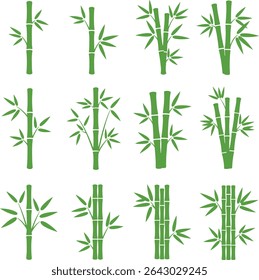 Twelve vibrant green bamboo illustrations, isolated on a clean white background. Perfect for design projects needing a touch of nature. Various stalk arrangements offer diverse options.
