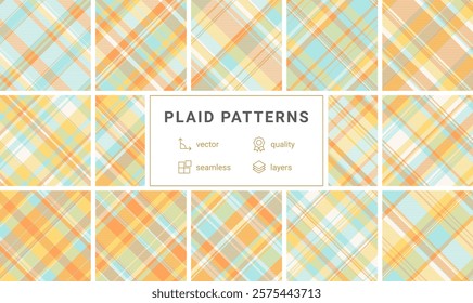 Twelve vibrant pastel plaid patterns in a seamless vector design.  Perfect for textile prints, website backgrounds, or crafting projects. Highquality, layered design ensures easy customization.