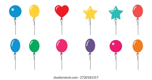 Doze vibrantes balões de arte em pixels, com diversas cores e formas redondas, ovais, cardíacas e estrelares. Ideal para festas festivas, gráficos digitais, recursos de jogos e adicionar humor alegre a qualquer projeto.