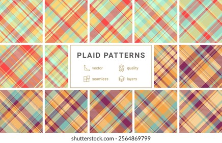 Twelve vibrant plaid patterns in a collection. Seamless vector designs in warm, pastel colors, perfect for textile prints, website backgrounds, or fashion design. High-quality layered files included.