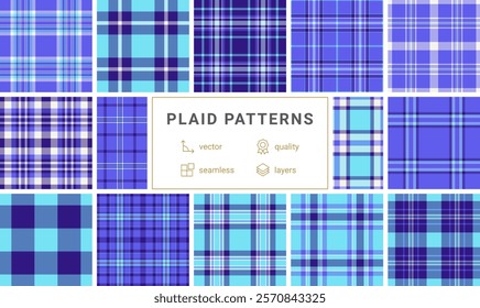 Twelve vibrant plaid patterns in cool blues and purples.  Seamless vector designs, perfect for textile prints, apparel, web backgrounds, and more. High-quality layered files for easy editing.