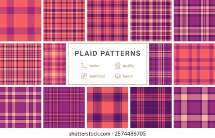 Twelve vibrant plaid patterns in coral and purple hues.  Seamless vector designs, ideal for textile prints, web backgrounds, and fashion projects.  Highquality layered files for easy customization.