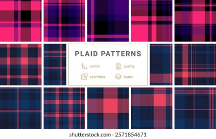 Twelve vibrant plaid patterns in pink, navy, and purple hues.  Seamless vector designs, perfect for fabric, apparel, or website backgrounds. Highquality, layered files ensure easy editing.