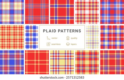 Twelve vibrant plaid patterns in red, blue, and yellow hues.  Seamless vector designs perfect for textile prints, website backgrounds, or fashion projects. Highquality, layered files for easy editing.