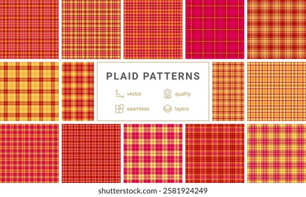 Twelve vibrant plaid patterns in red and gold hues.  Seamless vector designs ideal for textile prints, website backgrounds, or packaging. Highquality, layered files for easy editing.