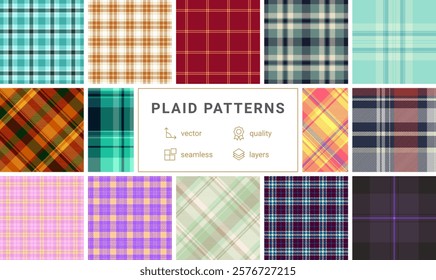 Twelve vibrant plaid patterns in various colors and styles.  Seamless vector designs perfect for textile prints, website backgrounds, or fashion projects. Highquality layered files for easy editing.