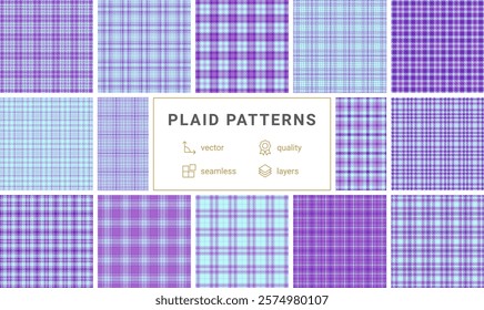 Twelve vibrant purple and light blue plaid patterns, seamless and layered, perfect for textile design, apparel, or website backgrounds. Highquality vector graphics offer versatile design options.