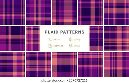 Twelve vibrant purple and peach plaid patterns, perfect for textile design, apparel, or website backgrounds.  Highquality vector seamless designs, easily layered for versatile use.