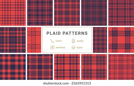 Twelve vibrant red and navy plaid patterns. Seamless vector designs, perfect for textile prints, apparel, or web backgrounds. High-quality, layered files for easy editing.