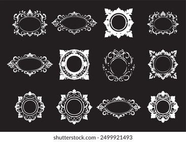 Twelve Vintage Ornamental Frames Set on Black ground in Different Shapes For Cards, Backgrounds, Posters, and Decorative Designs