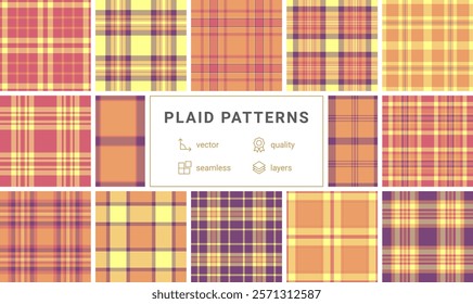 Twelve warmtoned plaid patterns in vector format.  Seamless, highquality designs perfect for textile prints, apparel, or website backgrounds.