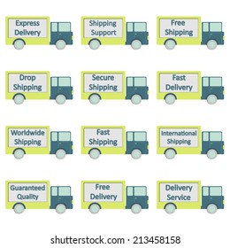 Twelve web icons about shipping and delivery in a truck shape. White Background. Shipping and Delivery Icons.