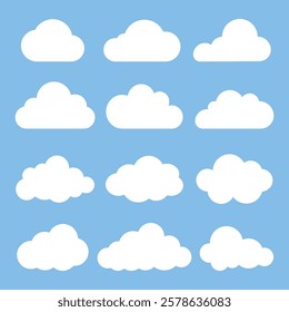 Twelve white clouds on a blue background. Simple cloud shapes, fluffy clouds, white clouds, blue sky. Perfect for weather, sky, or nature themes. Weather illustration, vector set.