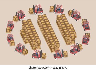 Twelve workers use forklifts in stock. Loaders carry large boxes in isometric. 