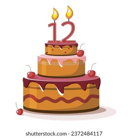 Twelve year anniversary. Vector birthday cake. Holiday cake with candle.Big cherry cake on white background. Twelve year old.