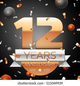 Twelve years anniversary celebration background with silver ribbon confetti and circles. Anniversary ribbon. Vector illustration.