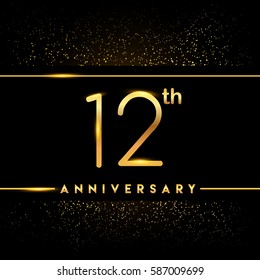 twelve years anniversary celebration logotype. 12th anniversary logo with confetti golden colored isolated on black background, vector design for greeting card and invitation card