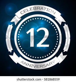 Twelve years anniversary celebration with silver ring and ribbon on blue background. Vector illustration