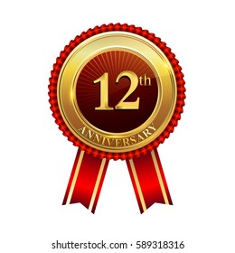 twelve years birthday celebration logotype. 12th years anniversary golden badge with red ribbons isolated on white background, vector design for greeting card, banner and invitation card.