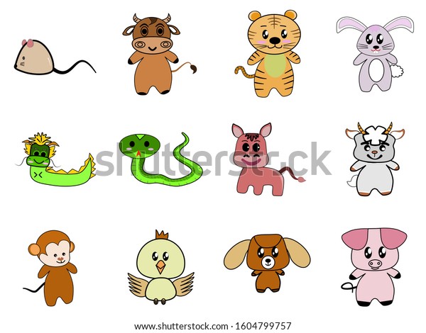 Twelve Zodiac Animal Set Cute Cartoon Stock Vector (Royalty Free ...