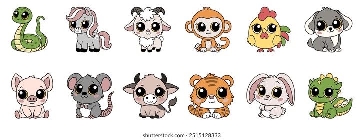 Twelve zodiac animals Chinese New Year signs icons set. Asian kawaii cute style isolated illustration of mascots - snake, horse, goat, monkey, rooster, dog, pig, rat, ox, tiger, rabbit, dragon.