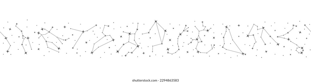 Twelve zodiac constellations, connected stars trendy astrology seamless pattern. Constellations of stars repeating print for packaging, cover, wrapping paper horizontal vector illustration