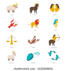 Twelve zodiac signs flat vector illustrations set. Horoscope symbols collection isolated on white background. Astrological calendar icons design idea. Future prediction and prophecy concept