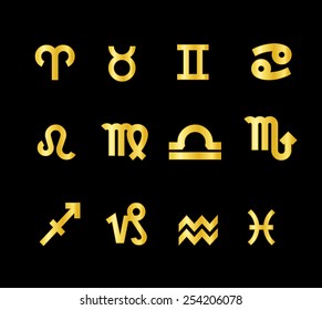 Twelve zodiac signs in gold isolated on black background