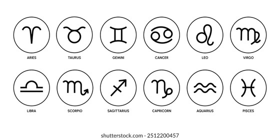 Doze signos do zodíaco. Símbolos do horóscopo. Ícones místicos astrológicos místicos para blogs espirituais, produtos de design de calendário e zodíaco. Coleção de vetores.