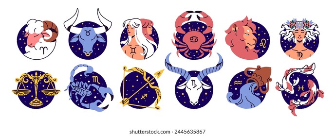 Zwölf Sternzeichen gesetzt. Runde Symbole der Astrologie Horoskop: Widder, Stier, Zwillinge, Leo, Jungfrau, Fische. In: Abstrakt Stars Constellation Calendar. Flache isolierte Vektorillustration auf weißem Hintergrund