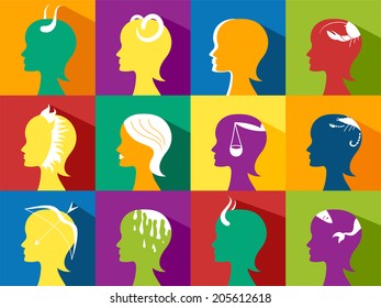 Twelve Zodiac signs vector set of square icons in flat style with long drop shadows