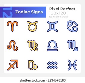 Twelve zodiac signs of western astrology pixel perfect RGB color icons set. Isolated vector illustrations. Simple filled line drawings collection. Editable stroke. Montserrat Bold, Light fonts used