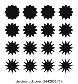 Twelve-point wavy edge star shapes. A set of black symbols with jagged edges isolated on a white background.