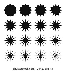 Twelve-point zigzag edge star shapes. A set of black symbols with jagged edges isolated on a white background.