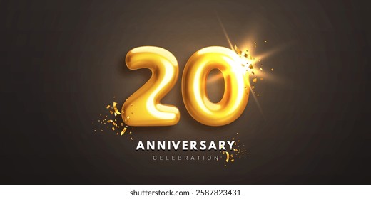 Twentieth anniversary celebration banner. Realistic glossy 3d golden number 20 and sparkling confetti on black background. Greeting card for birthday or wedding anniversary. Vector illustration