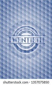 Twentieth blue emblem with geometric pattern.