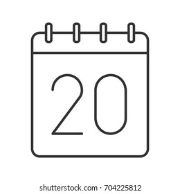 Twentieth day of month linear icon. Wall calendar with 20 sign. Thin line illustration. Date contour symbol. Vector isolated outline drawing