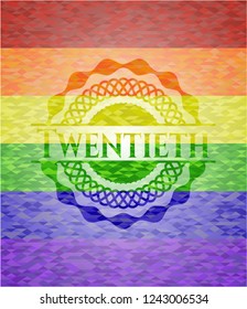 Twentieth emblem on mosaic background with the colors of the LGBT flag