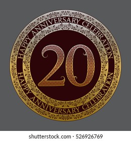 Twentieth happy anniversary celebration logo symbol. Golden maroon medal emblem in vintage style.