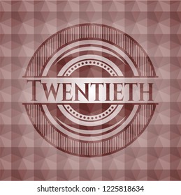 Twentieth red seamless emblem or badge with abstract geometric pattern background.