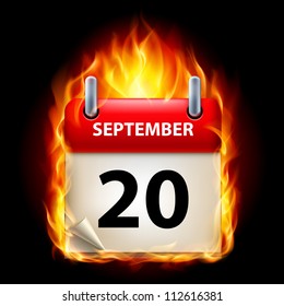 Twentieth September in Calendar. Burning Icon on black background