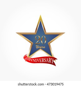 twentieth years logo vector in gradient blue star with golden frame and red anniversary ribbon below