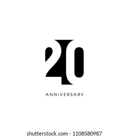 Twenty anniversary, minimalistic logo. Twentieth years, 20th jubilee, greeting card. Birthday invitation. 20 year sign. Black negative space vector illustration on white background