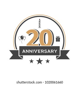 Twenty anniversary retro vector emblem on white background. 20th celebration happy birthday isolated icon template 