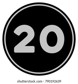 Twenty black coin icon. Vector style is a flat coin symbol using black and light gray colors.